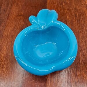 Vintage Blue Glass Apple Shaped Ceramic Trinket Dish Candy Bowl Ashtray MCM